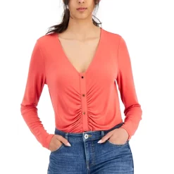 Cheap 🛒 INC International Concepts 👩 Women's Ruched Button Detail Long-Sleeve Top, Created For Macy's Coral 💄 Lipstick 🌟 -International Concepts Sales unnamed file 1276
