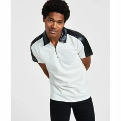 Budget ๐ INC International Concepts Men's Classic-Fit Short-Sleeve Zip Polo ๐ Shirt With Faux Leather Piecing, Created For Macy's Antique White ๐