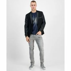 Budget ๐ฏ INC International Concepts Men's Slim-Fit Pieced Mixed-Media Blazer With Faux-Leather Trim, Created For Macy's Deep Black ๐ฅ