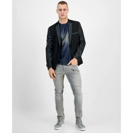 Budget π― INC International Concepts Men's Slim-Fit Pieced Mixed-Media Blazer With Faux-Leather Trim, Created For Macy's Deep Black π₯ 3 Budget π― INC International Concepts Men's Slim-Fit Pieced Mixed-Media Blazer With Faux-Leather Trim, Created For Macy's Deep Black π₯