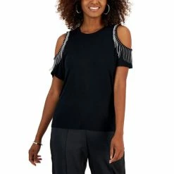 Hot Sale 🎉 INC International Concepts 👩 Women's Rhinestone Cold-Shoulder Top, Created For Macy's Washed White ⌛