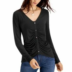 Top 10 🔥 INC International Concepts 👩 Women's Ruched Button Detail Long-Sleeve Top, Created For Macy's Deep Black ❤️