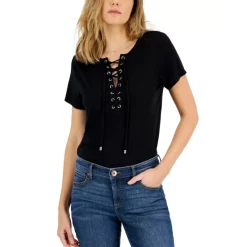 Deals 👍 INC International Concepts 👩 Women's Lace-Up Crewneck T-Shirt, Created For Macy's Deep Black 👏 -International Concepts Sales unnamed file 166