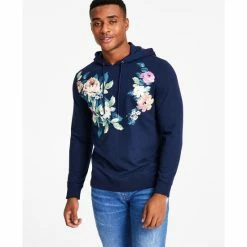 Best Sale 👍 INC International Concepts Men's Andres Regular-Fit Floral-Print Hoodie, Created For Macy's Basic Navy ❤️