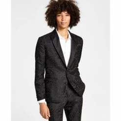 New 👏 INC International Concepts Men's Lacy Slim-Fit Floral Jacquard Suit Jacket, Created For Macy's Deep Black 🔔