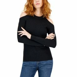Best Pirce 🤩 INC International Concepts 👩 Women's Cold-Shoulder Ribbed-Knit Metallic Sweater, Created For Macy's Deep Black 👍