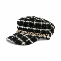 Coupon π INC International Concepts π© Women's Chain-Trim Plaid Conductor Hat, Created For Macy's Black Whit β