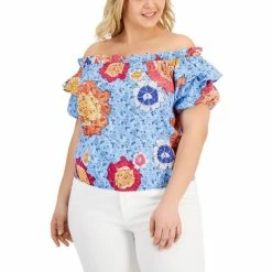 Outlet 🥰 INC International Concepts Plus Size Cotton Off-The-Shoulder Top, Created For Macy's Deeta Batik 🔔