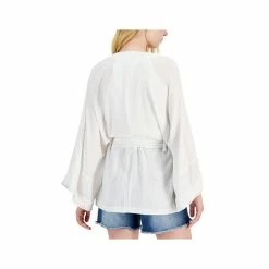 Promo ⭐ INC International Concepts 👩 Women's Metallic Crinkle Gauze Tie Waist Top, Created For Macy's Bright White ✔️ -International Concepts Sales unnamed file 2815