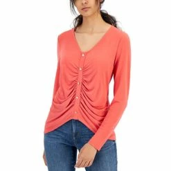 Cheap 🛒 INC International Concepts 👩 Women's Ruched Button Detail Long-Sleeve Top, Created For Macy's Coral 💄 Lipstick 🌟