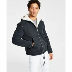 New 🔥 INC International Concepts Men's Erik Classic-Fit Fleece-Lined Hooded Jacket With Faux-Leather Trim, Created For Macy's Deep Black 😉