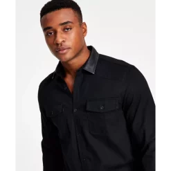Best deal ❤️ INC International Concepts Men's Classic-Fit Solid Button-Down 👚 Shirt With Faux-Leather Collar, Created For Macy's Deep Black 🔔 -International Concepts Sales unnamed file 383