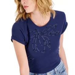 Deals 🔥 INC International Concepts 👩 Women's Embroidered Embellished Rolled-Cuff Top, Created For Macy's Indigo Sea 🤩 -International Concepts Sales unnamed file 390