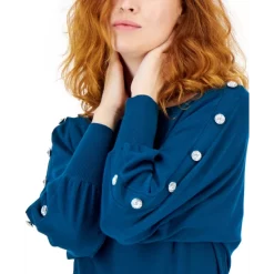 Cheap 🤩 INC International Concepts 👩 Women's Rhinestone-Button Sweater, Created For Macy's Teal Kingfisher 🤩 -International Concepts Sales unnamed file 711