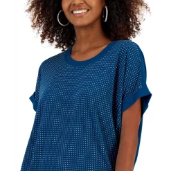 Cheap 👏 INC International Concepts 👩 Women's Studded Rolled-Sleeve Top, Created For Macy's Teal Kingfisher ⌛ -International Concepts Sales unnamed file 724