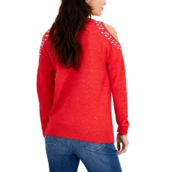 Brand new ⌛ INC International Concepts 👩 Women's Jewel-Studded Cold-Shoulder Sweater, Created For Macy's Heather Onyx 👏 -International Concepts Sales unnamed file 809