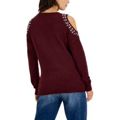 Brand new ⌛ INC International Concepts 👩 Women's Jewel-Studded Cold-Shoulder Sweater, Created For Macy's Heather Onyx 👏 -International Concepts Sales unnamed file 810