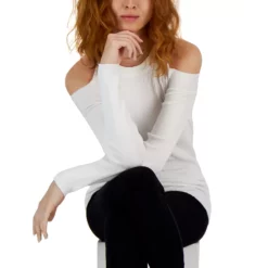 Outlet ✨ INC International Concepts 👩 Women's Ribbed Cold-Shoulder Sweater, Created For Macy's Washed White 😉 -International Concepts Sales unnamed file 849
